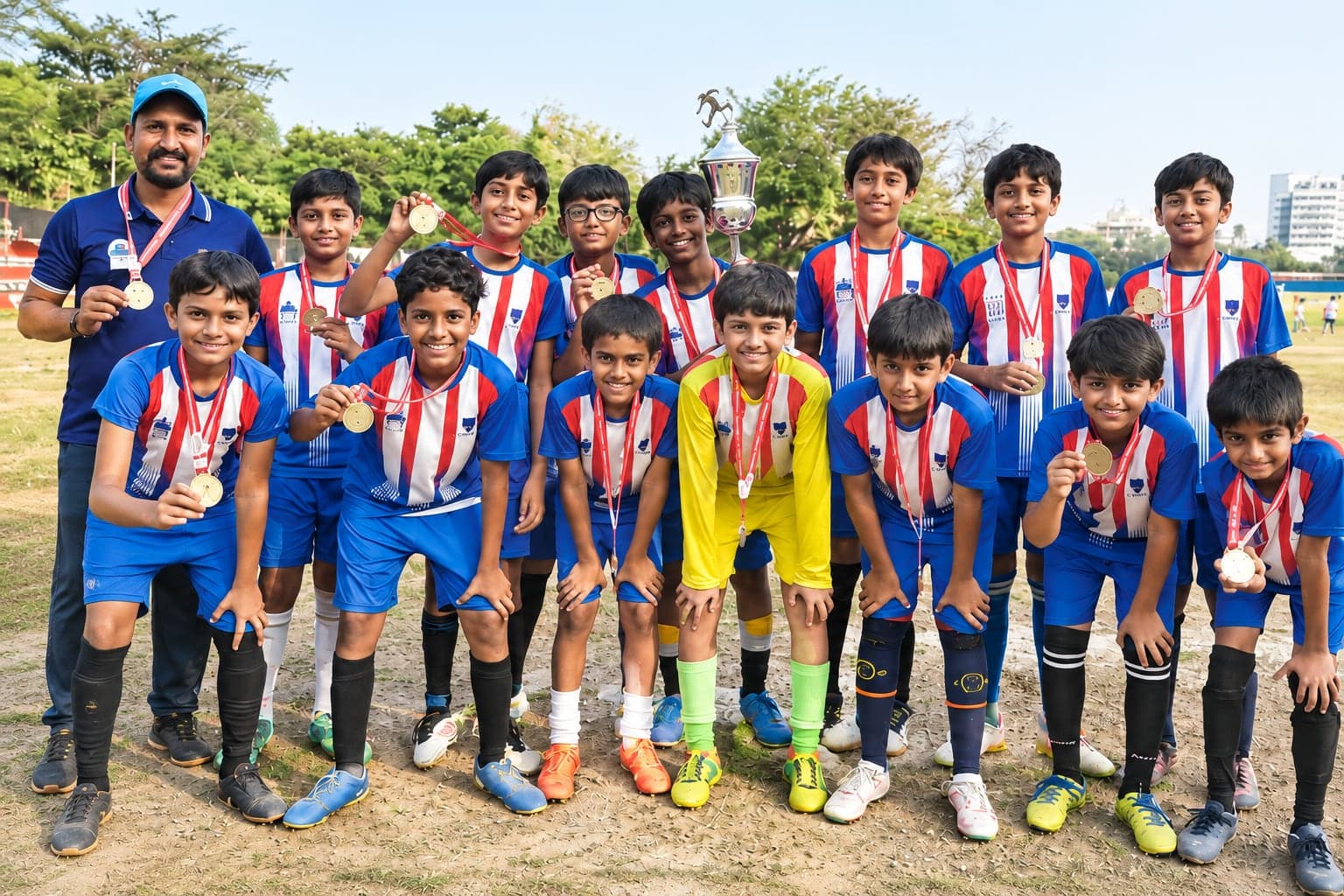 A school football team with their coach, holding medals and a trophy