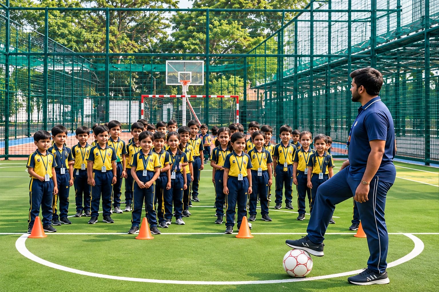 A coach with young students on a football field